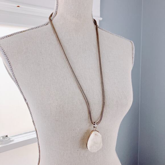 White Druzy Quartz Pendant Necklace on Thick Snake Chain, Boho Style - Picture 4 of 9